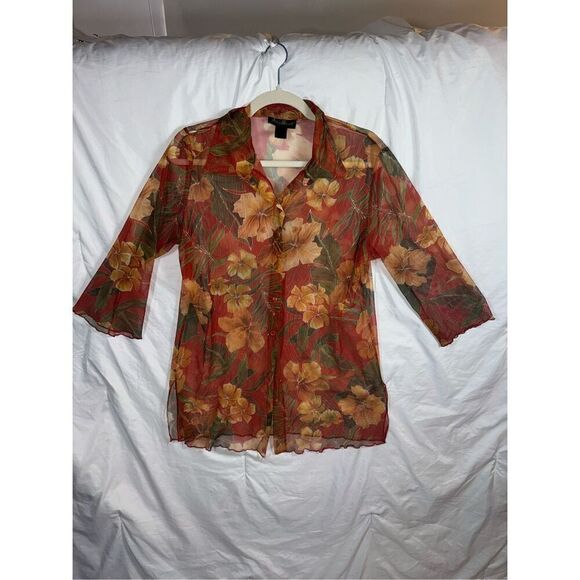 Ashley Stewart Vintage Sheer Hibiscus Tropical Print Button-Up - Picture 2 of 6